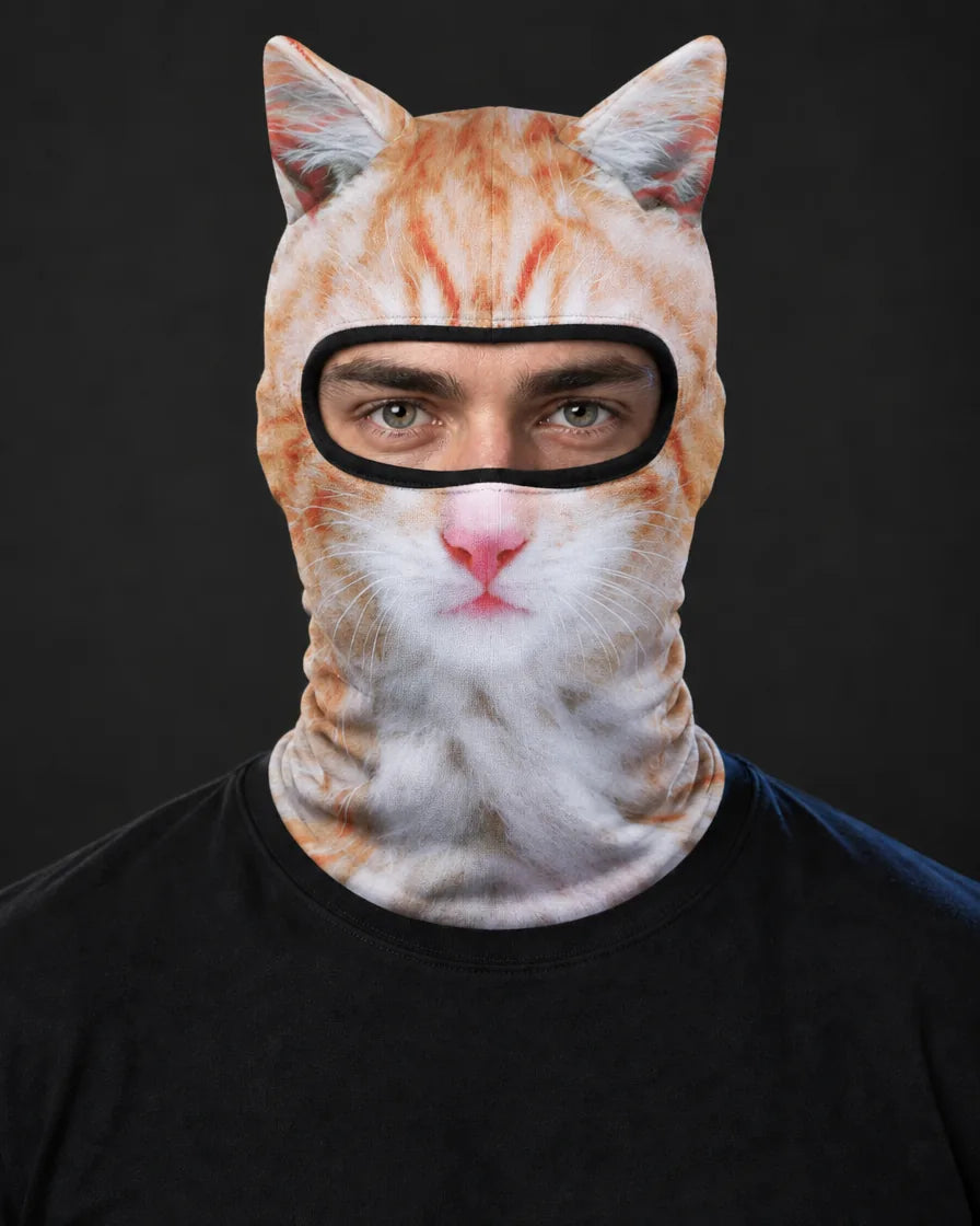 Man wearing the Ginger Cat Animal Face Balaclava, looking at the camera
