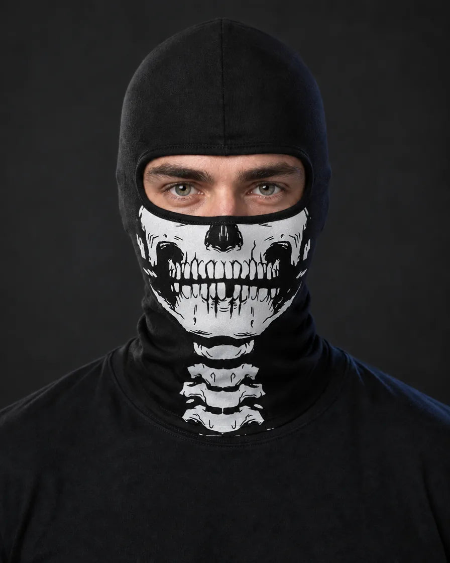 Man wearing the Bone Skull Skull Balaclava, looking at the camera